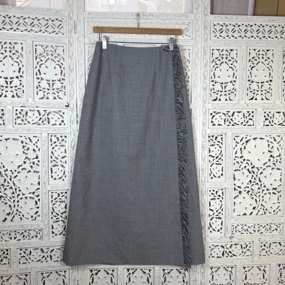 Vtg Gingham Wool Wrap Maxi Skirt Sz XS Fringe Preppy Academia School Girl Retro